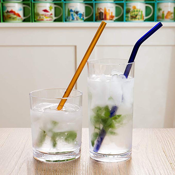 4/10PC Special Fine Curved Glass Straight Bend  Drinking Glass Straws Reusable Eco-friendly With Cleaning Brush