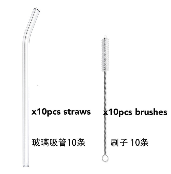 10PCS Glass Straws Clear Bent 20cm" x 8 mm  - Perfect Reusable Straw For Smoothies, Tea, Juice --10 Pack With Cleaning Brush