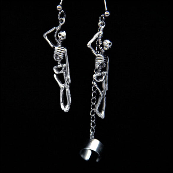 1Pair New Punk Gothic Skeleton Tassel Stud Earrings Ear Clip For Women Men Personality Asymmetrical Skull Earrings Jewelry E129