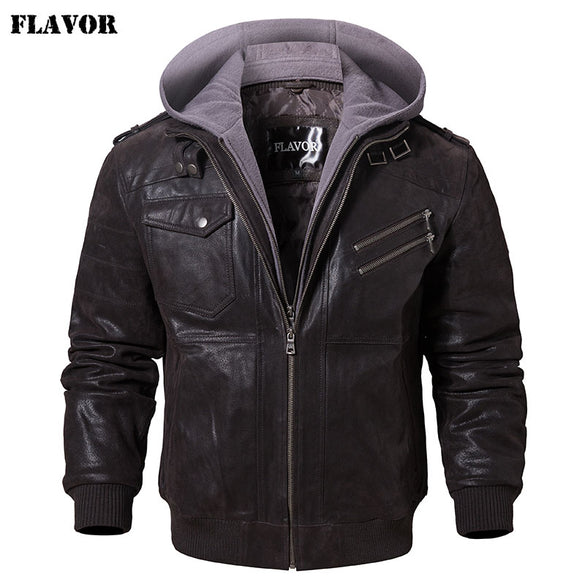 Men's Real Leather Jacket Men Motorcycle Removable Hood winter coat Men Warm Genuine Leather Jackets