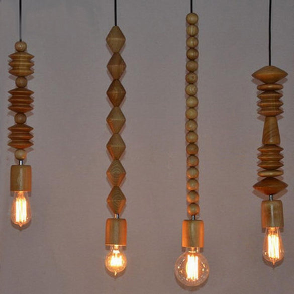 modern pendant light Retro style nature Oak wooden geometric beads pendant lamp string droplight hanging Light Fixture