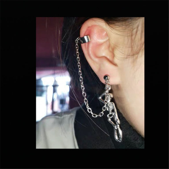 1Pair New Punk Gothic Skeleton Tassel Stud Earrings Ear Clip For Women Men Personality Asymmetrical Skull Earrings Jewelry E129
