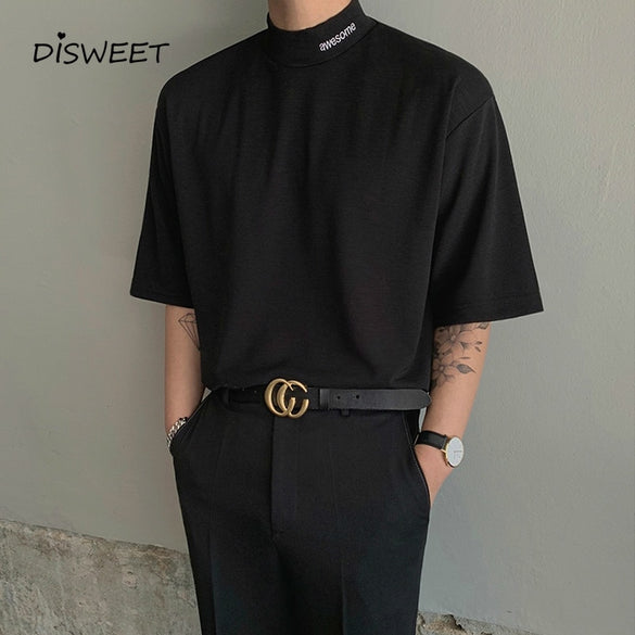Letter Embroidered Black T-shirt Men Korean Loose Half Turtleneck Tees Boy 2020