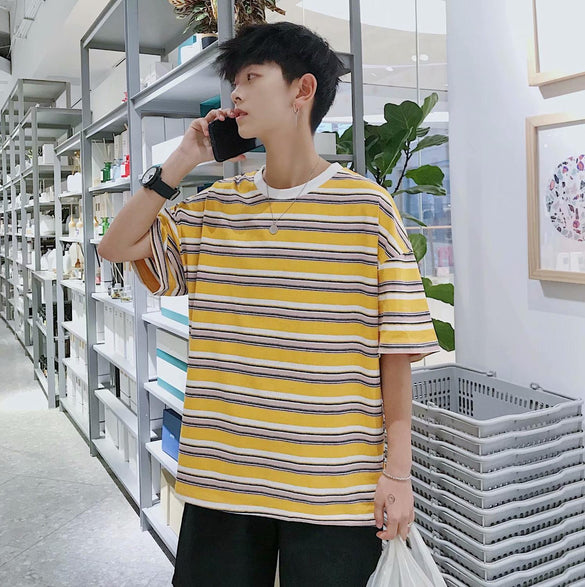 Striped short-sleeved t-shirt men's clothes half-sleeved men's Korean t-shirt men's summer Hong Kong style five-point sleeves
