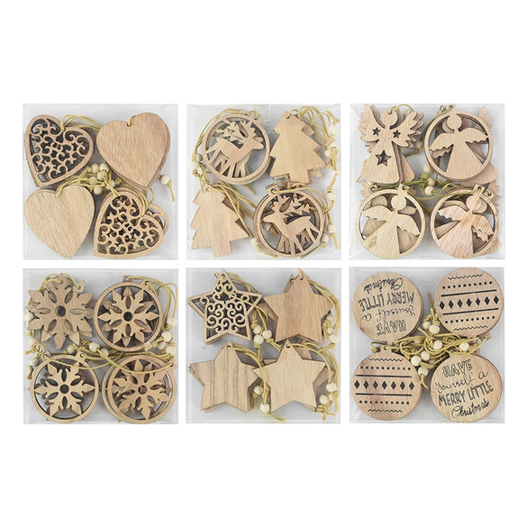 12pcs/box Christmas Wooden Pendants Xmas Tree Hanging Ornaments DIY Wood Crafts For Home Christmas Party New Year Decorations