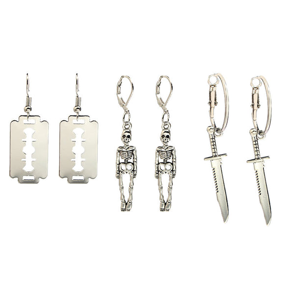 Flatfoosie 3Pair/Set Fashion Punk Skeleton Blade Drop Earrings Sliver Color Retro Small Dangle Earrings Sets Statement Jewelry (137401SL)
