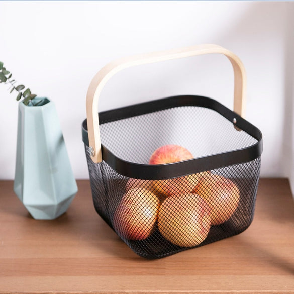 Vegetable Fruit Basket Wooden Handle Metal Basket Portable Large Capacity Multi-function Vegetable Groceries Storage Baskets