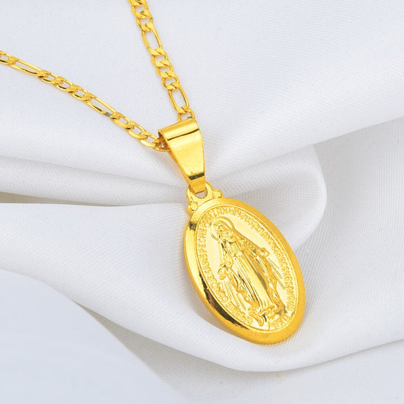 Hot Sale Men Women Yellow Gold Color Catholic Religious Virgin Mary Pendant Necklace Jewelry