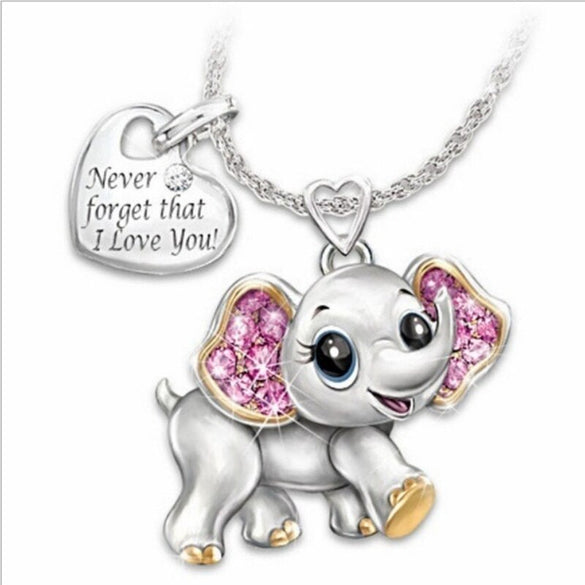 Cute Elephant Animal Pendant Necklace Pink Crystal Zircon Heart Necklaces For Women Chain Choker Jewelry Valentine's Day Gift
