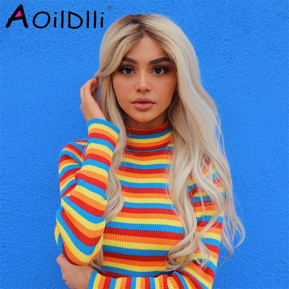 turtleneck fashion rainbow sweaters knitted pullovers women 2018 new winter sweater loose pullover jumpers female