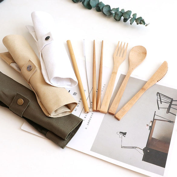 TUUTH 6pcs/set Bamboo Cutlery Straw Dinnerware Set Eco-friendly Travel Portable Wooden Tableware Set Spoon Fork Chopstick