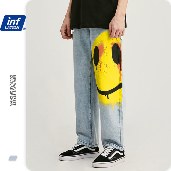 INFLATION Men's Stretch Loose Fit Jeans Men's Denim Pants Streetwear Blue Men's Jeans Pants With Smile Face 3091S20