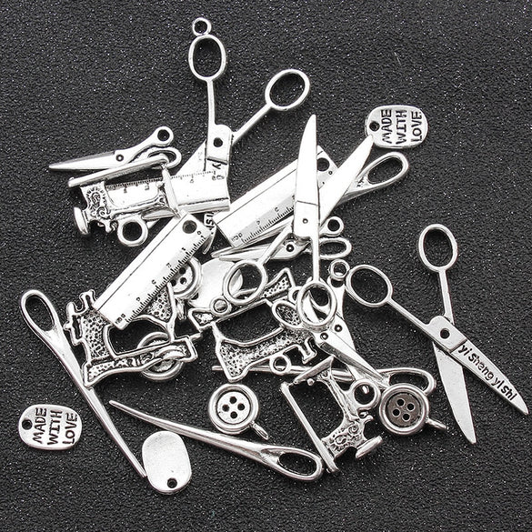 24pcs/lot Antique Silver Color Alloy Button Needle Scissors Sewing Machine Charms Pendant Bracelet Necklace Jewelry Accessories