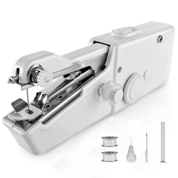 Portable Mini Hand Sewing Machine Quick Handy Stitch Sew Needlework Cordless Clothes Fabrics Household Electric Sewing Machine (White)