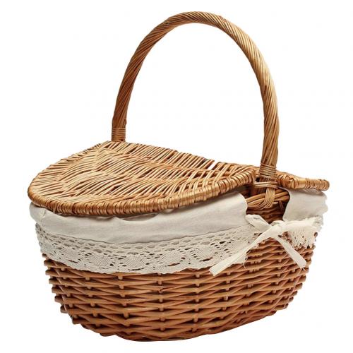 Wicker Willow Woven Picnic Basket Hamper as Shopping Bag with Lid and Handle Camping Picnic Shopping Food Fruit Picnic Basket (wood)