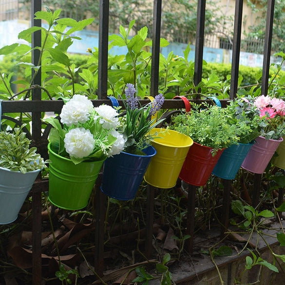Flower Pots Hanging Flower Pots, Garden Pots Balcony Planters Metal Bucket Flower Holders - Detachable Hook (8 Pcs)