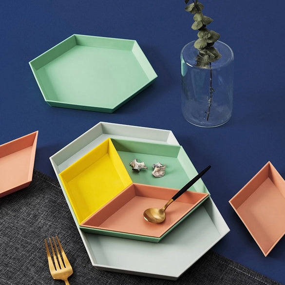 Nordic Style Storage Tray Polygon Desktop Combination Tray Geometric Fruit Snacks Dish Plate Afternoon Tea Tableware Plate 1Set