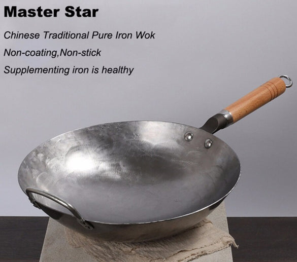 Master Star Chinese Traditional Iron Wok Handmade Hammering Large Wok&Wooden Handle Non-stick Wok Wrought Iron Kitchen Cookware