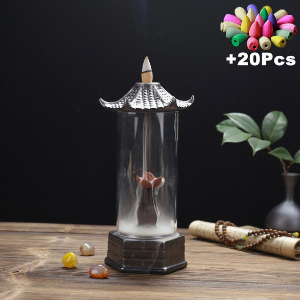 20Cones Chinese Dragon Incense Burner Ceramic Waterfall LED Light Incense Cones Holder Aroma Censer With Acrylic Windproof Cover