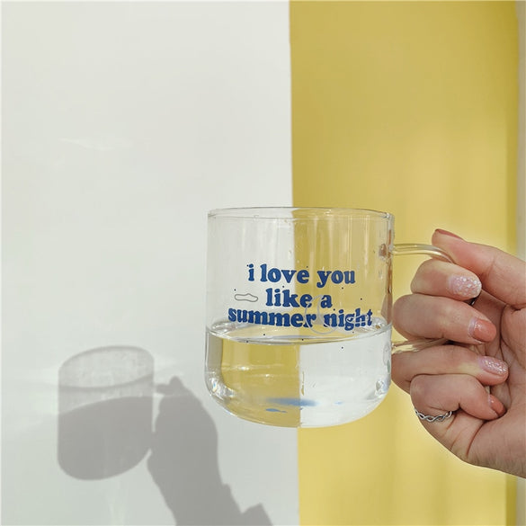 Brief Coffee Glass Transparent Mug Drinking Glasses with Handgrip Blue Letter 330ml Borosilicate Cup In Tumblers Juice Drinkware