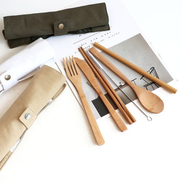 TUUTH 6pcs/set Bamboo Cutlery Straw Dinnerware Set Eco-friendly Travel Portable Wooden Tableware Set Spoon Fork Chopstick
