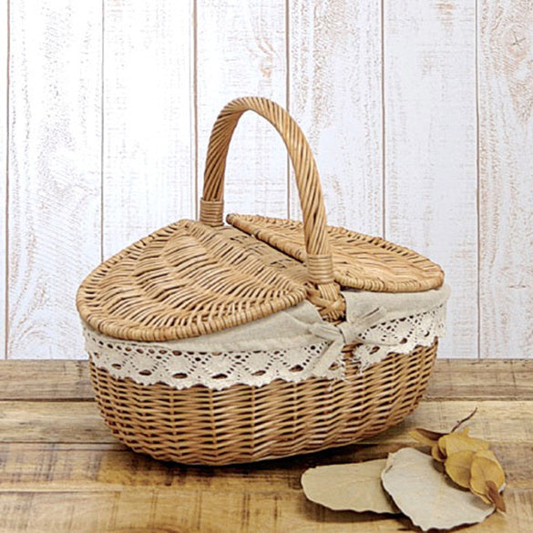 Wicker Willow Woven Picnic Basket Hamper as Shopping Bag with Lid and Handle Camping Picnic Shopping Food Fruit Picnic Basket