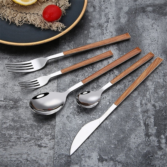 Imitation Wood Handle Stainless Steel Cutlery Steak Cutlery Hotel Dinner Imitation Marble Pattern Fork Spoon Cutlery Set