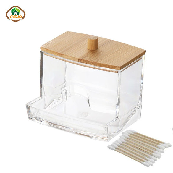 MSJO Makeup Organizer Box Storage Cosmetices Cotton Pads Swab Bamboo Cover for Women Home Bathroom  Organizador Makeup Boxes Bin
