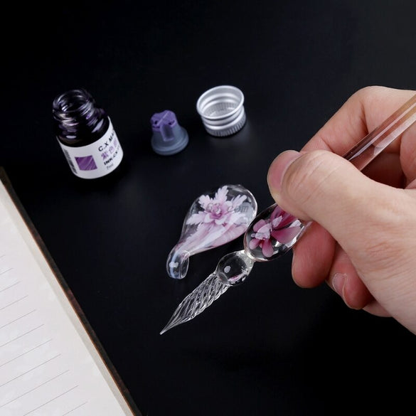 Vintage Handmade Art Elegant Crystal Floral Glass Dip Pen Sign Ink Pens Gifts Students School Supplies Stationery