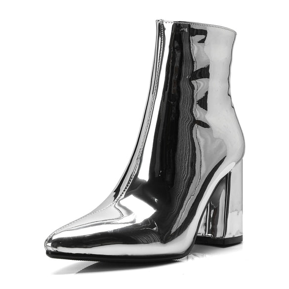 2020 New Sliver Gold Women Ankle Boots Pointed Toe Chunky High Heel Boots Mirror Metallic Women Pumps Female Sexy Stiletto Boots