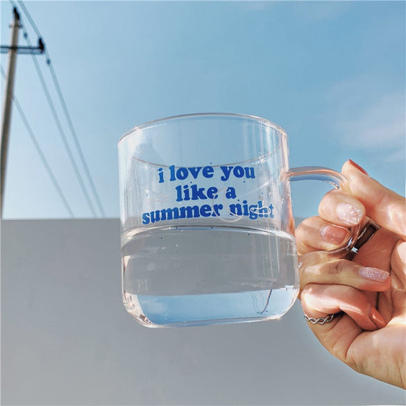 Brief Coffee Glass Transparent Mug Drinking Glasses with Handgrip Blue Letter 330ml Borosilicate Cup In Tumblers Juice Drinkware (glass 330ml)