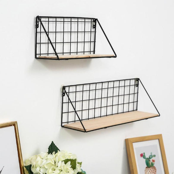 Wooden Iron Wall Shelf Mounted Storage Rack Basket Wall Hanging Display Shelf Organizer DIY Home Bedroom Stationery Holder