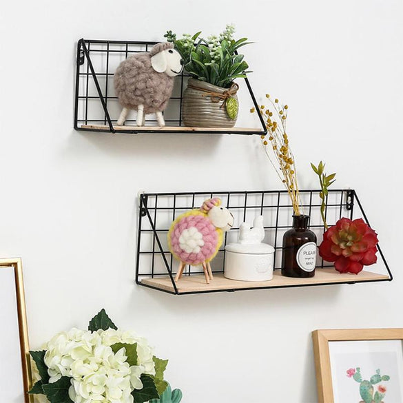 Wooden Iron Wall Shelf Mounted Storage Rack Basket Wall Hanging Display Shelf Organizer DIY Home Bedroom Stationery Holder