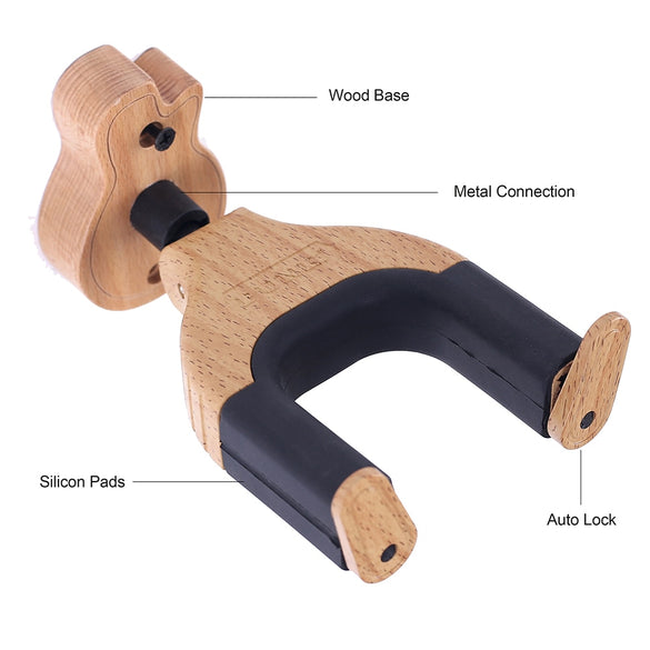 Wall Mount Guitar Hanger Hook Acoustic Guitar Holder Keeper Auto Lock with Guitar Shape Solid Wood Base for Electric Guitar Bass