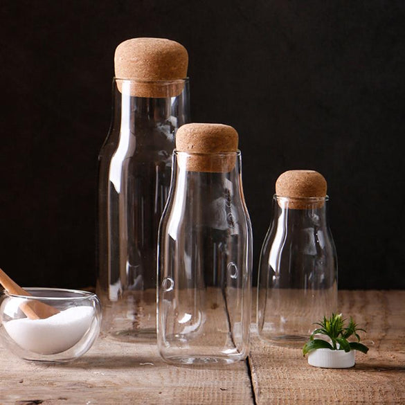 Creative Transparent Glass Water Juice Milk Bottle Clear Heat-resisting Milk Juice Water Glass Bottle with Wooden Stopper