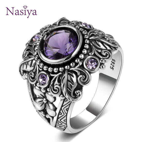Vintage Jewelry 3ct Amethyst 925 Sterling Silver Ring Round Cut Purple Nature stone Women Wedding Anel Aneis Gemstone Rings