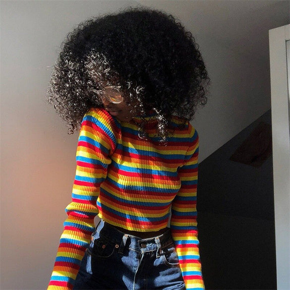 turtleneck fashion rainbow sweaters knitted pullovers women 2018 new winter sweater loose pullover jumpers female