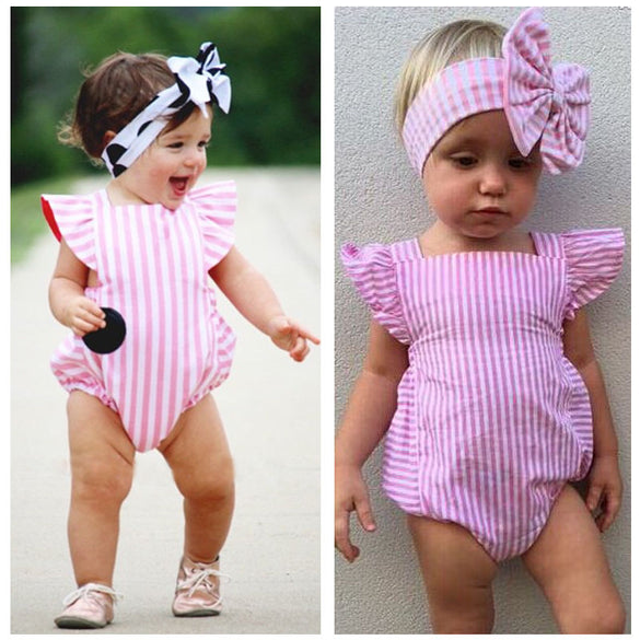 2016 New Bodysuits Newborn Infant Baby Girl Clothes Stripe Cotton Quality Bow Casual Pink Jumpsuit Sunsuit Bodysuit Baby Girl