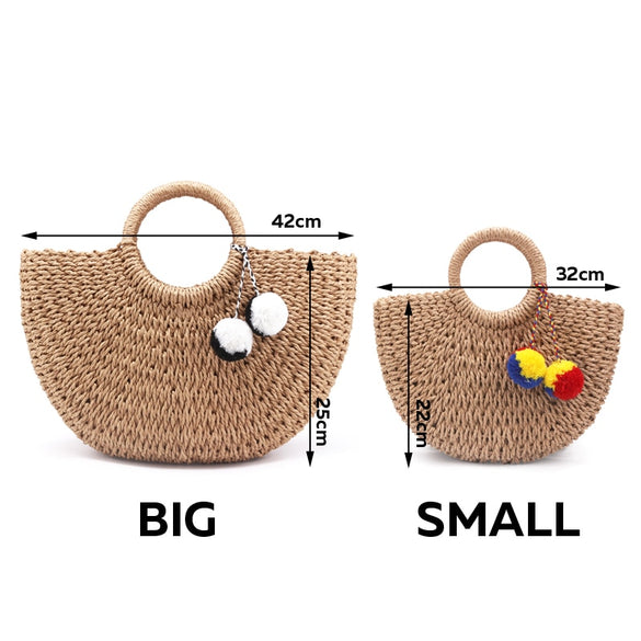 New Summer Handmade Bags Women Pompon Beach Weaving Ladies Straw Bag Wrapped Beach Bag Moon shaped Bag