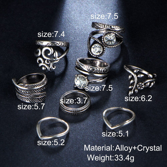 17KM Vintage Silver Color Knuckle Rings Carving Antique Hollow Flower Leaves Crystal Rings Party Jewelry for Women 8 PCS/Lot