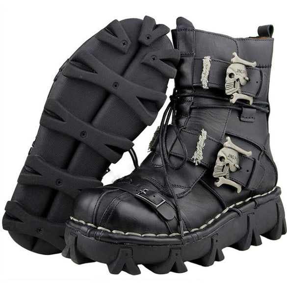 Men's Cowhide Genuine Leather Motorcycle Boots Military Combat Boots Gothic Skull Punk Boots