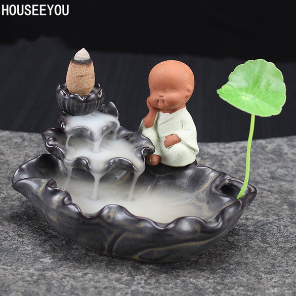 Little Monk Backflow Incense Burner Home Decoration Creative Ceramic Cone Waterfall Incense Holder Buddhist Censer + 10pcs Cones
