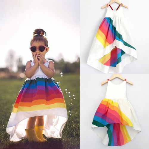 2018 Summer Brand New Princess Dress Kid Baby Girls Party Pageant Cute Sleeveless Backless Strap Rainbow Beach Tutu Dresses 1-6T