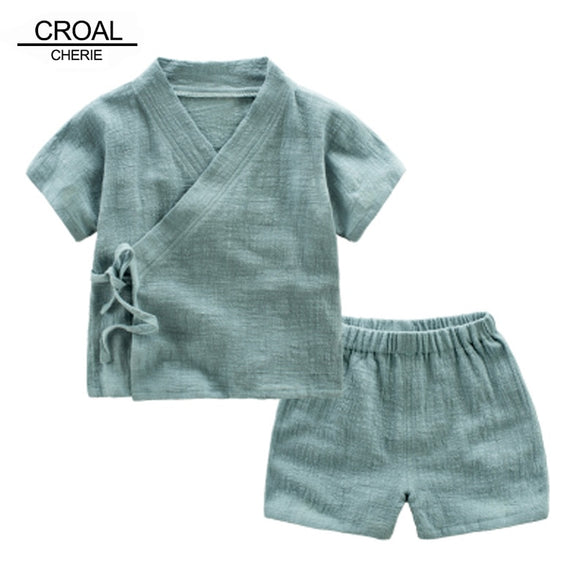 CROAL CHERIE 2pcs Kids Boy T Shirt + Shorts Clothing Sets Summer Breathable Linen Girls Tops Children's Sets Solid Casual Tee