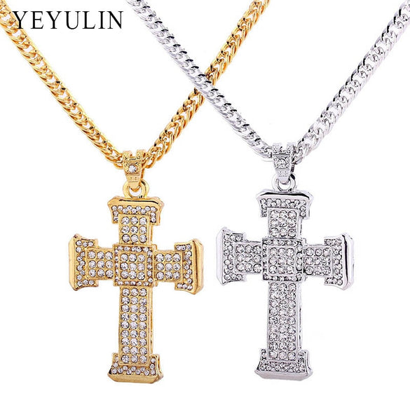 Trendy Zinc Alloy Full Crystal Cross Pendant Necklace Male Maxi Statement Necklace Jewelry Gift