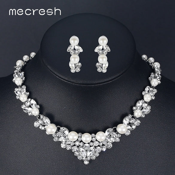 Mecresh Elegant Simulated Pearl Bridal Jewelry Sets  Leaf Crystal Necklaces Earrings Sets Wedding Jewelry TL280