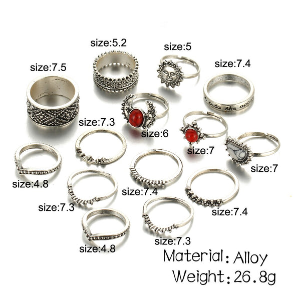 IF ME Vintage Bohemian Midi Finger Rings Set for Women Moon Sun Ethnic Red Natural Stone Knuckle Rings Jewelry Gift 14pcs/set