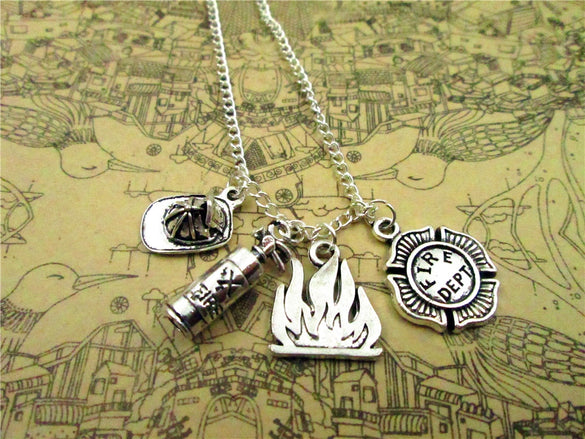 Fire Department necklace Firefighter Charm pendant Firefighter , Antique silver  FIRE DEPT.,fire,firefighter hat necklace