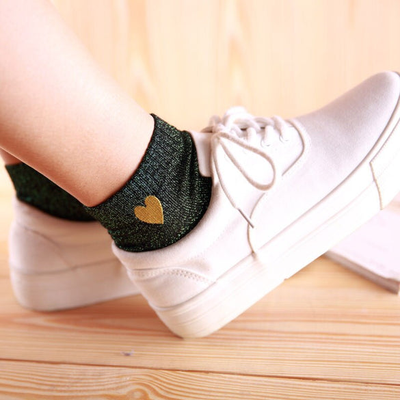 [COSPLACOOL]Embroidery Heart Love Glitter Socks Women Fashionable Silver Gold Silk Colorful Shining Sox Shiny Calcetines Mujer