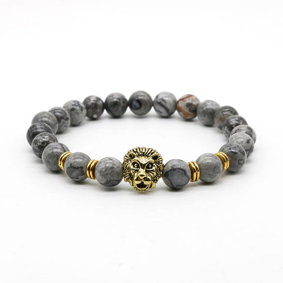 Antique Gold-Color Leo Lion Head Bracelet Men Black Lava Stone Beads Charm Bracelets Jewelry Masculino Plusera M4-3